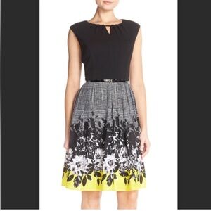 ELLEN TRACY DRESS SLEEVELESS & FLARE BLACK/WHITE/YELLOW FLORAL SKIRT SIZE 10